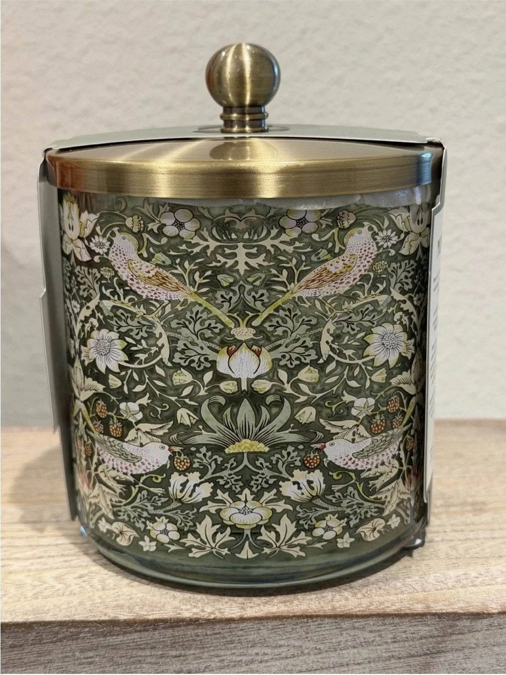 Morris & Co bathroom vanity Cotton Jar Green Glass w/gold Trim Strawberry Thief
